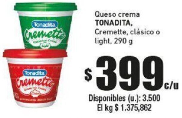 Cooperativa Obrera Queso crema TONADITA, Cremette, clásico o light, 290 g oferta