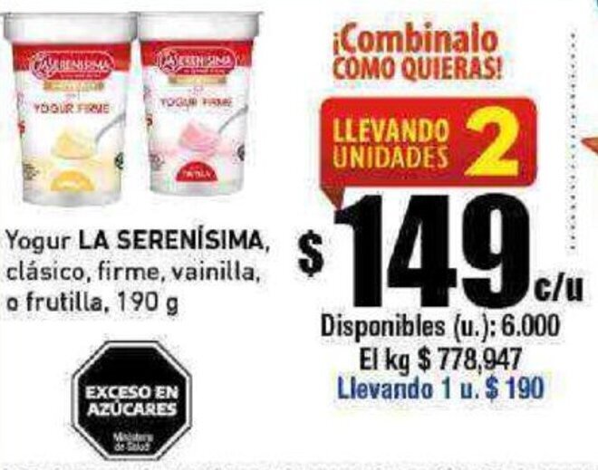 Cooperativa Obrera Yogur LA SERENÍSIMA, clásico, firme, vainilla, o frutilla, 190 g oferta