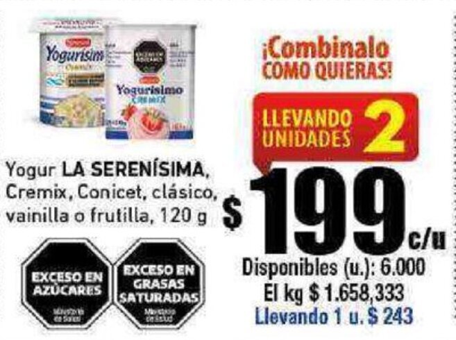 Cooperativa Obrera Yogur LA SERENÍSIMA, Cremix, Conicet, clásico, vainilla o frutilla, 120 g oferta