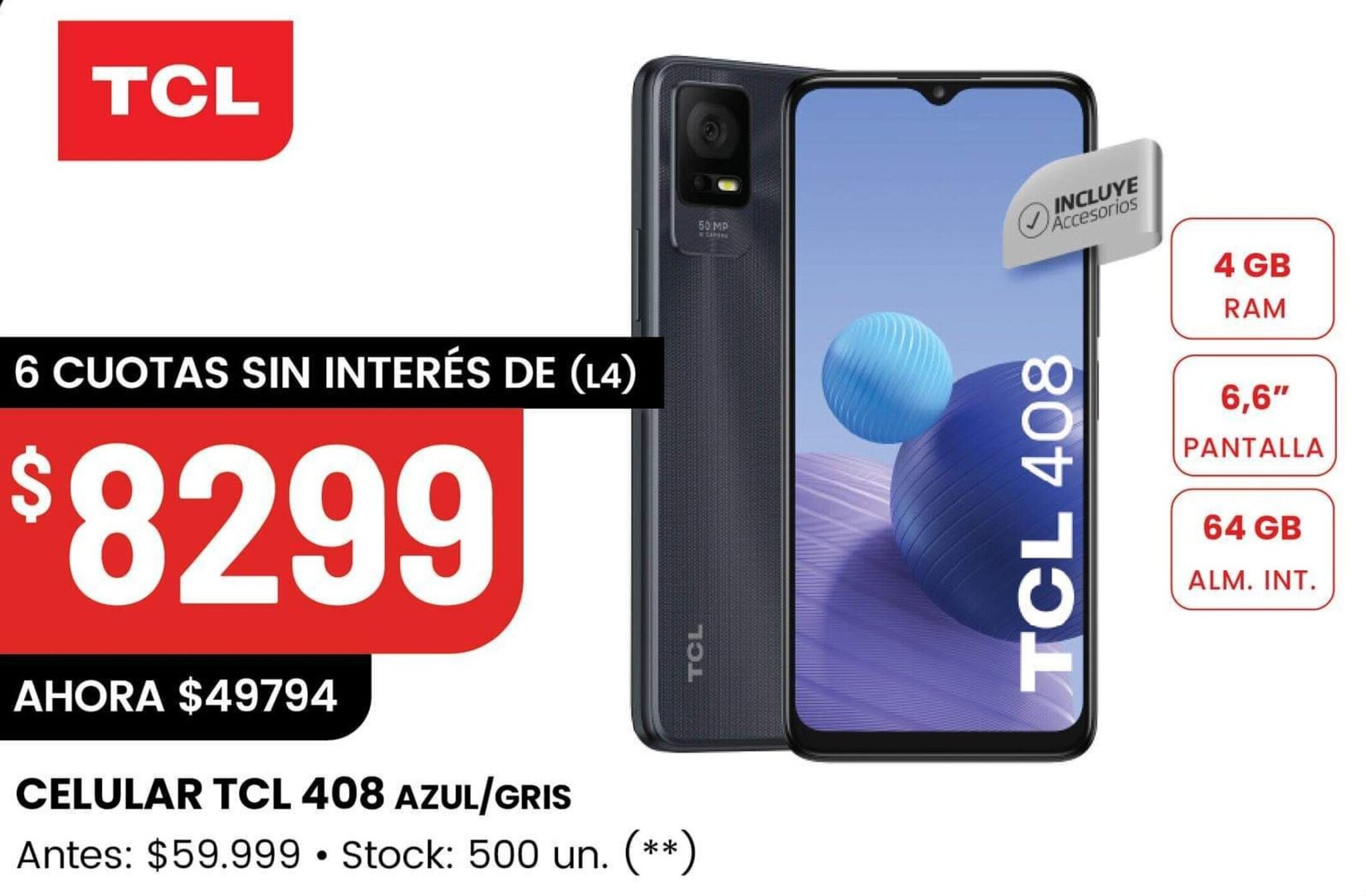 Changomas CELULAR TCL 408 AZUL / GRIS oferta