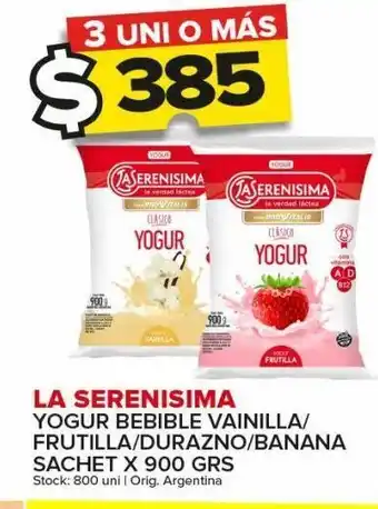 Carrefour Maxi Yogur la serenísima bebible vainilla/ frutilla/ durazno/ banana x 900g oferta