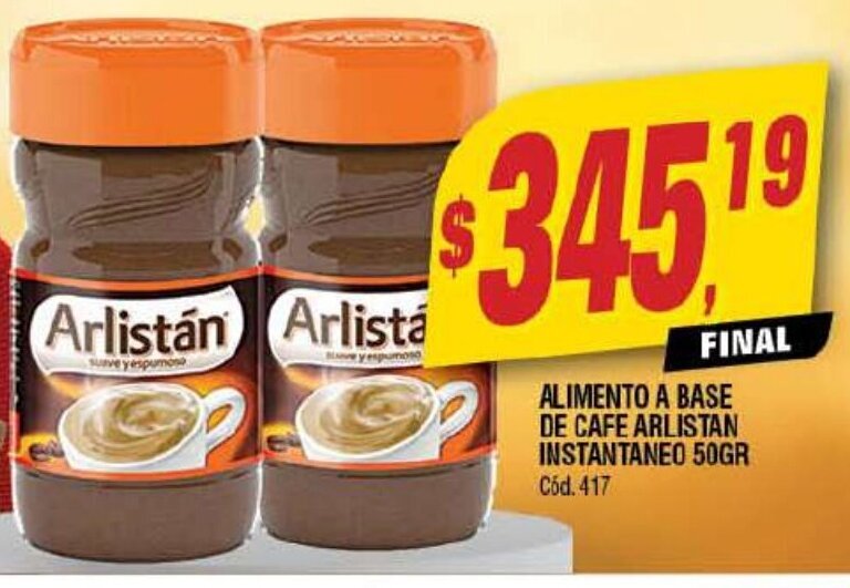 Supermercados Yaguar ALIMENTO A BASE DE CAFE ARLISTAN INSTANTANEO 50GR Cód. 417 oferta