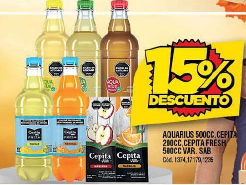 Supermercados Yaguar AQUARIUS 500CC.CEPITA 200CC,CEPITA FRESH 500CC VAR. SAB Cód. 1374,17179,1235 oferta