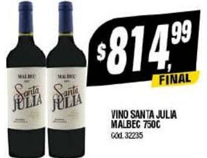 Supermercados Yaguar VINO SANTA JULIA MALBEC 750C God, 32235 oferta