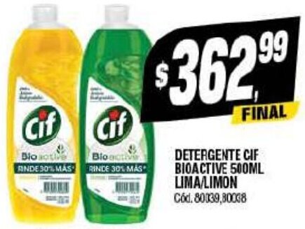 Supermercados Yaguar DETERGENTE CIF BIOACTIVE 500ML LIMA/LIMON Cód.80039,80038 oferta