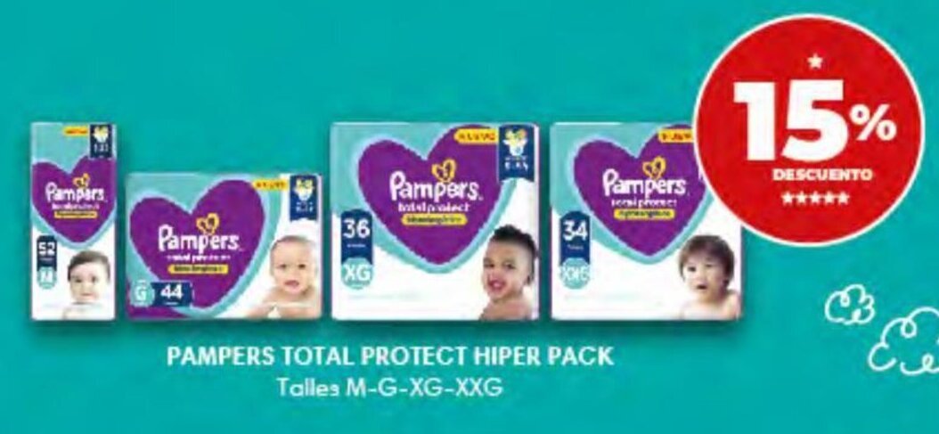 Supermayorista Vital PAMPERS TOTAL PROTECT HIPER PACK Talles M-G-XG-XXG oferta