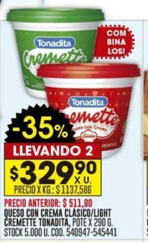 Coto QUESO CON CREMA CLÁSICO/LIGHT CREMETTE TONADITA, POTÉ X 290 6. oferta
