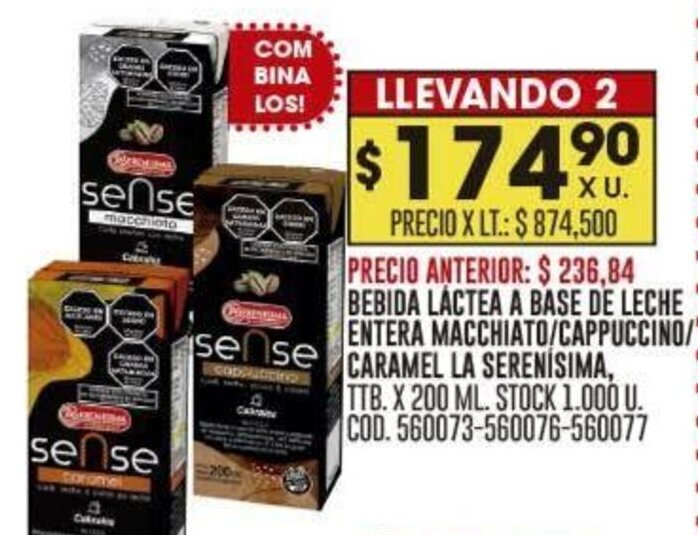 Coto BEBIDA LÁCTEA A BASE DE LECHE ENTERA MACCHIATO/CAPPUCCINO/CARAMEL LA SERENISIMA, oferta