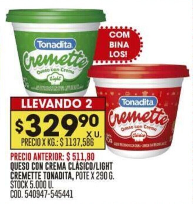 Coto QUESO CON CREMA CLÁSICO/LIGHT CREMETTE TONADITA, POTE X 290 G. oferta