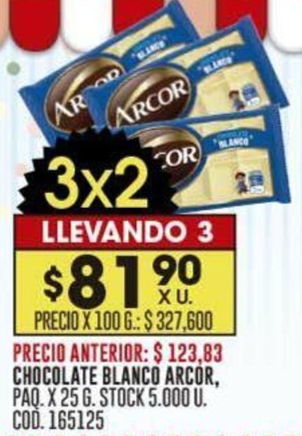Coto CHOCOLATE BLANCO ARCOR, PAQ. X 25 G. oferta