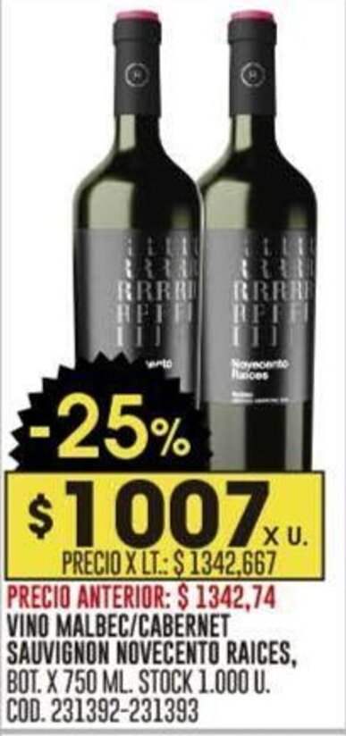Coto VINO MALBEC/CABERNET SAUVIGNON NOVECENTO RAICES, BOT. X 750 ML. oferta