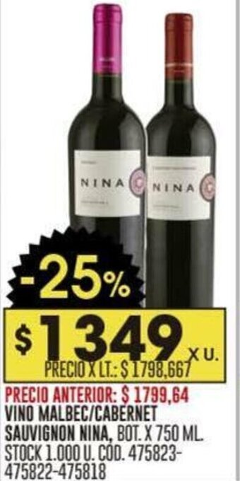 Coto VINO MALBEC/CABERNET SAUVIGNON NINA, BOT. X 750 ML. oferta