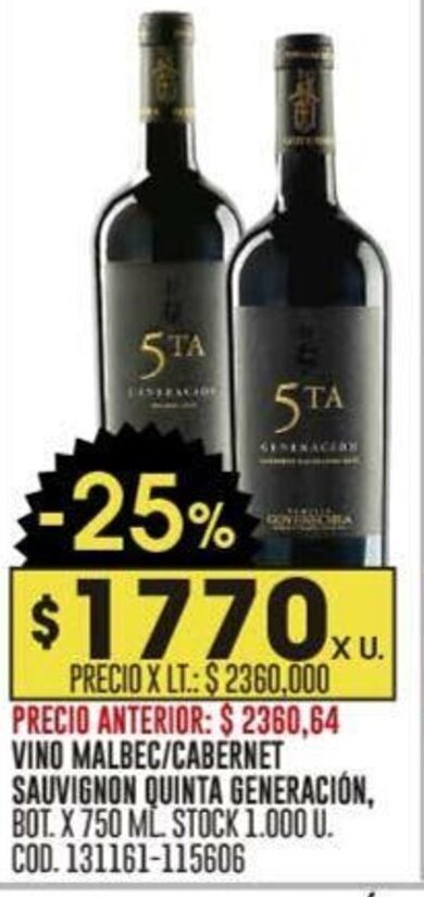 Coto VINO MALBEC/CABERNET SAUVIGNON QUINTA GENERACIÓN, BOT. X 750 ML oferta