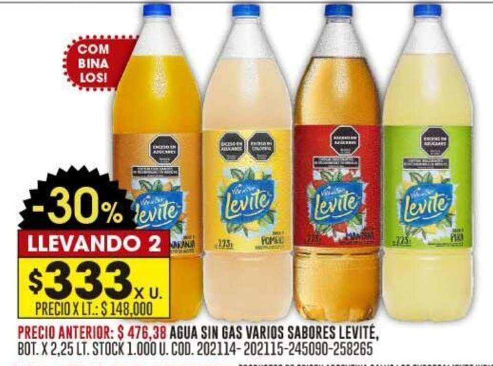 Coto AGUA SIN GAS VARIOS SABORES LEVITÉ, BOT. X 2,25 LT. oferta