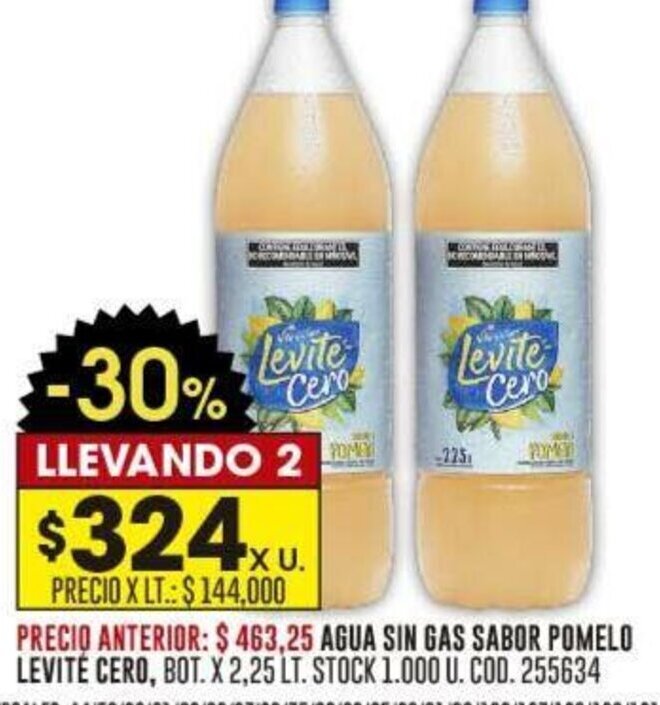 Coto AGUA SIN GAS SABOR POMELO LEVITÉ CERO, BOT. X 2,25 LT. oferta