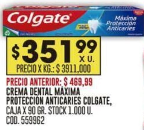 Coto CREMA DENTAL MÁXIMA PROTECCIÓN ANTICARIES COLGATE, CAJA X 90 GR. oferta