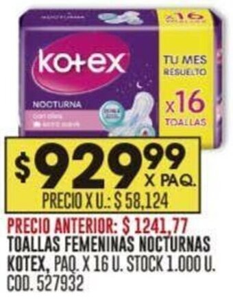 Coto TOALLAS FEMENINAS NOCTURNAS KOTEX, PAQ. X 16 U. oferta