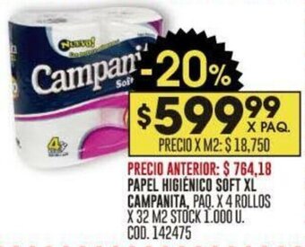 Coto PAPEL HIGIÉNICO SOFT XL CAMPANITA, PAQ. X 4 ROLLOS X 32 M2 oferta