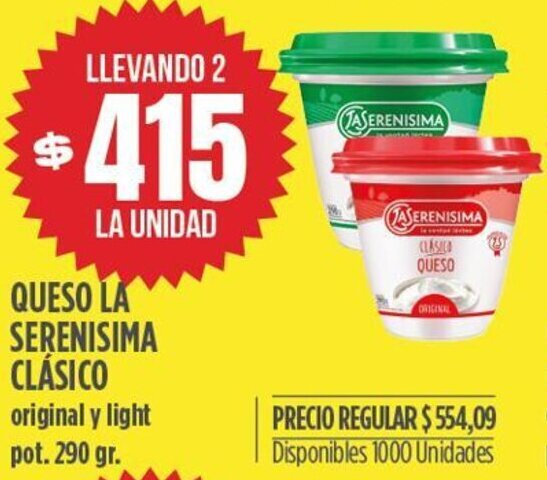 Supermercados Vea QUESO LA SERENISIMA CLÁSICO original y light pot. 290 gr. oferta