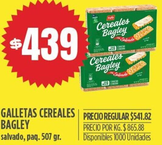 Supermercados Vea GALLETAS CEREALES  BAGLEY salvado, paq. 507 gr. oferta