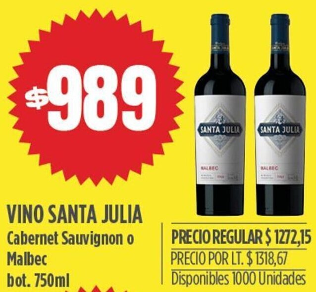 Supermercados Vea VINO SANTA JULIA Cabernet Sauvignon o Malbec bot. 750ml oferta