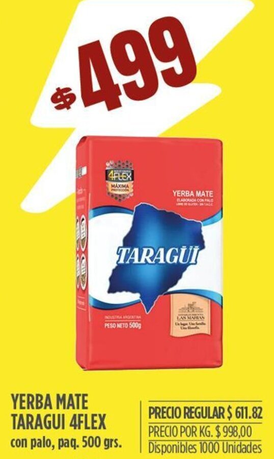 Supermercados Vea YERBA MATE TARAGUI 4FLEX con palo, paq. 500 grs. oferta