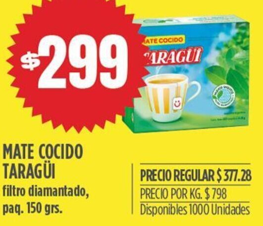 Supermercados Vea MATE COCIDO TARAGÜI filtro diamantado, paq. 150 grs. oferta
