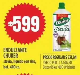 Supermercados Vea ENDULZANTE CHUKER stevia, liquido con zinc, bot. 400 cc. oferta