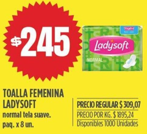 Supermercados Vea TOALLA FEMENINA LADYSOFT normal tela suave. paq. x 8 un. oferta