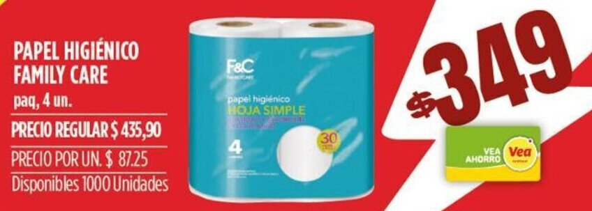 Supermercados Vea PAPEL HIGIÉNICO FAMILY CARE paq, 4 un. oferta