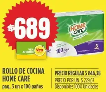 Supermercados Vea ROLLO DE COCINA HOME CARE paq. 3 un x 100 paños oferta