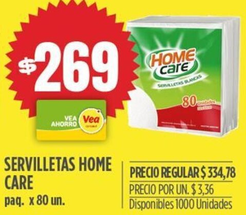 Supermercados Vea SERVILLETAS HOME CARE paq. x 80 un. oferta