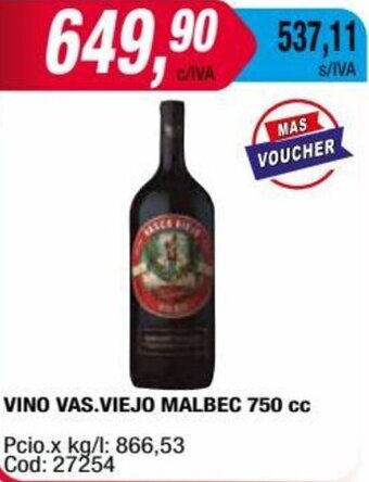 Maxiconsumo VINO VAS.VIEJO MALBEC 750 cc oferta