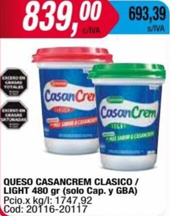 Maxiconsumo QUESO CASANCREM CLASICO / LIGHT 480 gr (solo Cap. y GBA) oferta