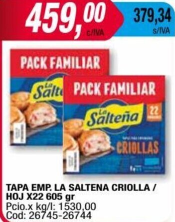 Maxiconsumo TAPA EMP. LA SALTENA CRIOLLA / HOJ X22 605 gr oferta