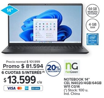 Carrefour NOTEBOOK 14" CEL N4020/4GB/64GB W11 CG14 oferta