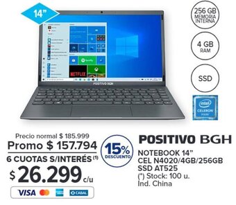 Carrefour POSITIVO BGH NOTEBOOK 14" CEL N4020/4GB/256GB SSD AT525 oferta