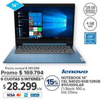Carrefour lenovo NOTEBOOK 14" CEL N4020/4GB/128GB 81VU0OHLAR oferta