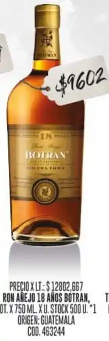 Coto RON AÑEJO 18 AÑOS BOTRAN, BOT. X 750 ML oferta