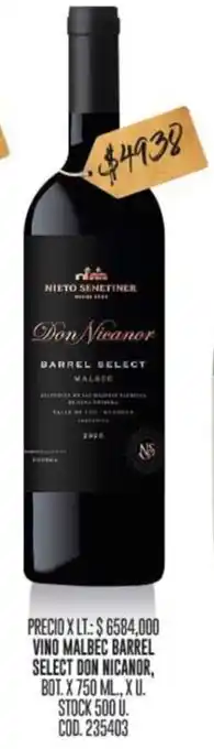 Coto VINO MALBEC BARREL SELECT DON NICANOR, BOT. X 750 ML oferta