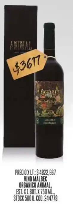 Coto VINO MALBEC ORGANICO ANIMAL, EST. X1 BOT. X 750 ML., oferta