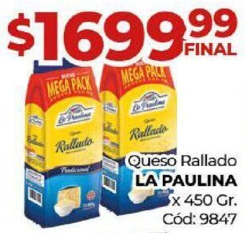 Diarco Queso Rallado LA PAULINA x 450 Gr. oferta