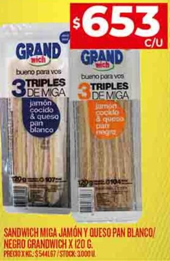Supermercados DIA SANDWICH MIGA JAMÓN Y QUESO PAN BLANCO/ NEGRO GRANDWICH X 120 G. oferta