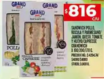 Supermercados DIA SANDWICH POLLO RUCULA Y PARMESANO JAMÓN, QUESO. TOMATE Y HUEVO/CAPRESSE GRANDWICH oferta