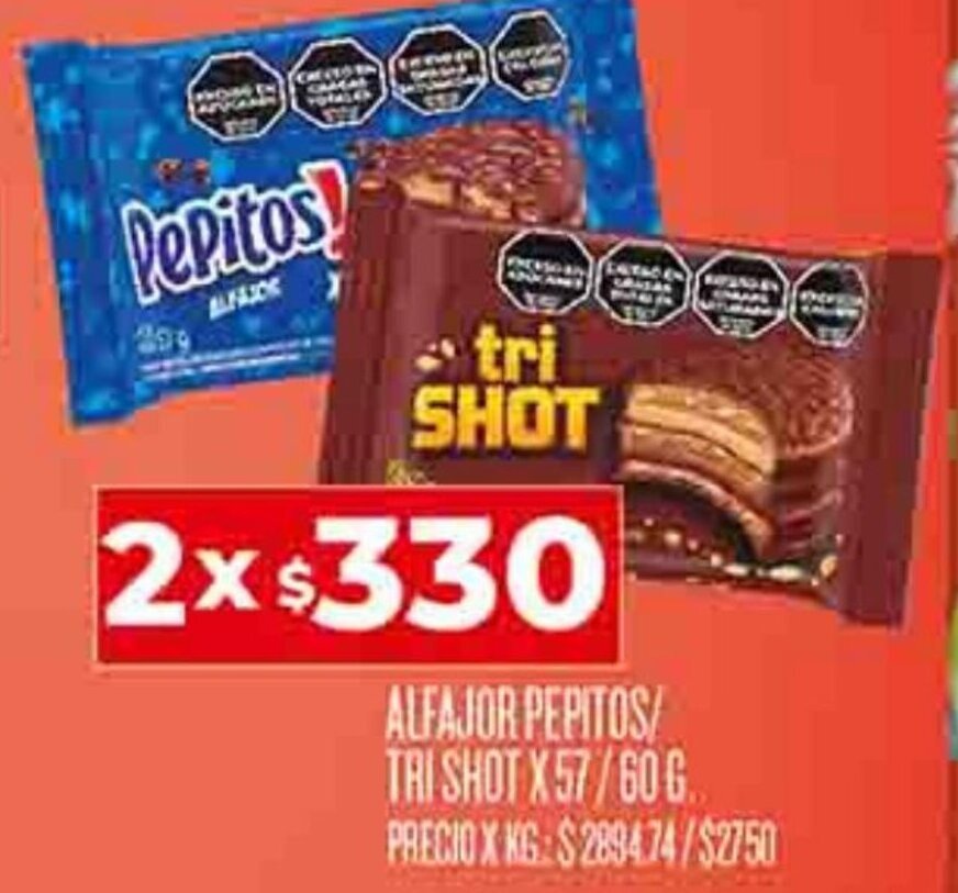 Supermercados DIA ALFAJOR PEPITOS/ TRI SHOT X 57/60 G. oferta