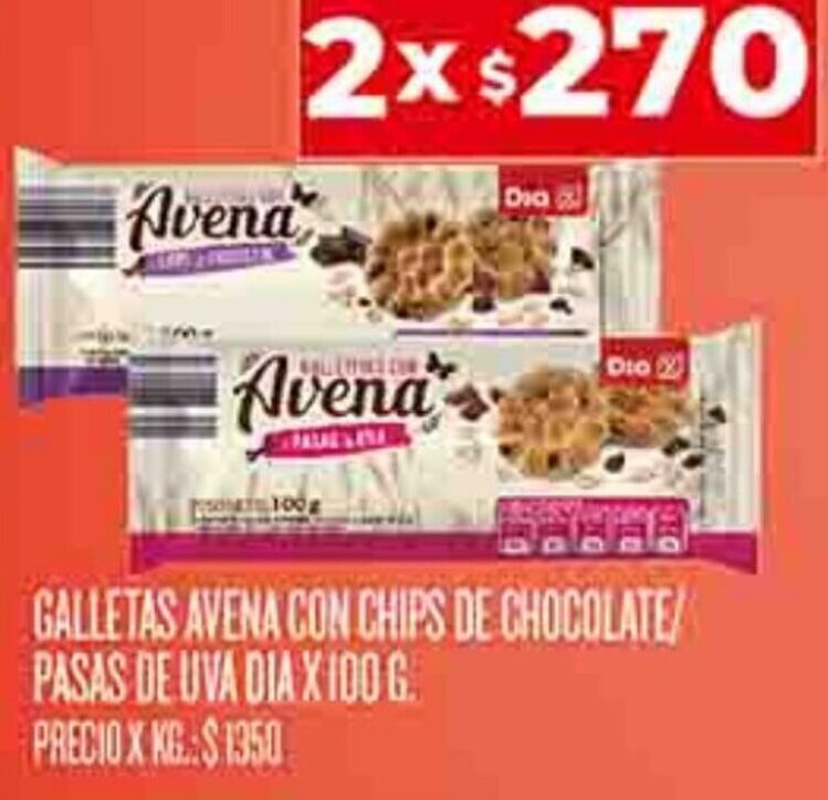 Supermercados DIA GALLETAS AVENA CON CHIPS DE CHOCOLATE/ PASAS DE UVA DIA X 100 G. oferta