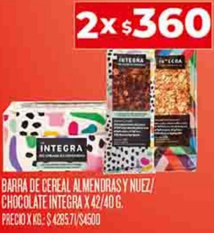 Supermercados DIA BARRA DE CEREAL ALMENDRAS Y NUEZ/ CHOCOLATE INTEGRA X 42/40 G. oferta