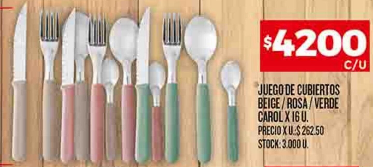 Supermercados DIA JUEGO DE CUBIERTOS BEIGE/ROSA/VERDE CAROL X 16 U. oferta