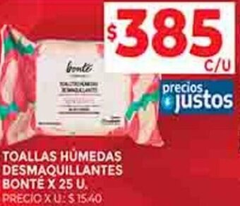 Supermercados DIA TOALLAS HUMEDAS DESMAQUILLANTES BONTÉ X 25 U. oferta