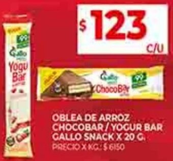 Supermercados DIA OBLEA DE ARROZ CHOCOBAR/YOGUR BAR GALLO SNACK X 20 G. oferta